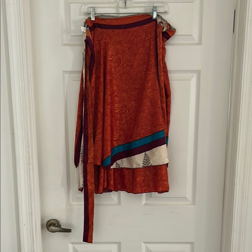 Multicolor Orange Asymmetrical Wrap Midi Skirt. Made in India